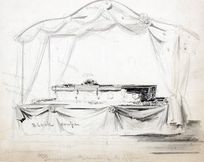 Rakev prezidenta Abrahama Lincolna ležící ve státě v Bílém domě, Washington D.C., duben 1865 (tužka, inkoust a mytí na papíře) od American School