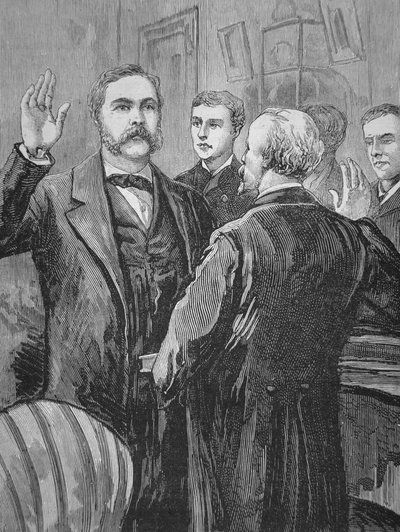 Prezident Chester A. Arthur složil přísahu po smrti Jamese Garfielda dne 20. září 1881 (litho) od American School