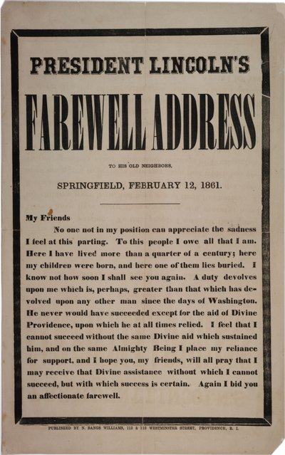 Projev prezidenta Lincolna na rozloučenou k jeho starým sousedům, Springfield, 12. února 1861 od American School