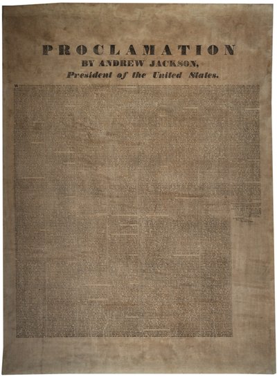 Provolání Andrew Jackson (1767-1845), prezident Spojených států, 10. prosince 1832 od American School