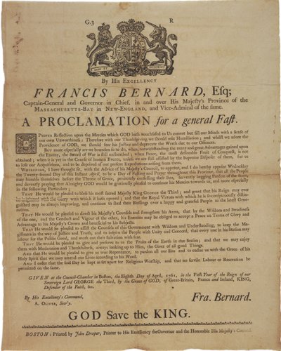 Provolání jménem Francise Bernarda, guvernéra Massachusetts Bay: oznamující den půstu během francouzské a indické války, 8. dubna 1761 od American School