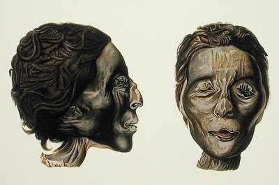 Profil a tvář ženské mumie z Gizeh, svazek II, deska XXVII ze „Starověkého Egypta“ od Samuela Augusta Biniona, publikováno 1887 (zabarvené chromolitho) od American School