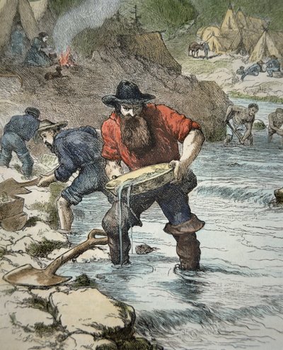 Prospektoři rýžují zlato během kalifornské zlaté horečky v roce 1849 (barevná rytina) od American School