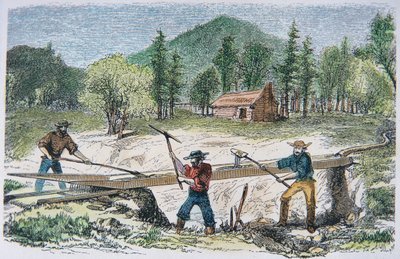 Prospektoři používající stavidlo během kalifornské zlaté horečky v roce 1849 (barevné lito) od American School