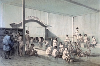 Veřejné lázně v Simoda, 1856 (barevná akvatinta) od American School