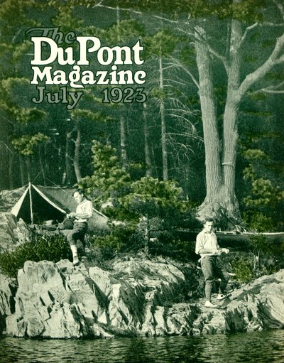 Pyralin jde na ryby, přední strana časopisu DuPont Magazine, červenec 1923 od American School