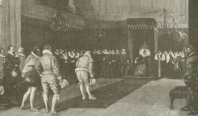 Královna Alžběta přijímá francouzské velvyslance po masakru svatého Bartoloměje, z obrazu Wm F Yeames od American School