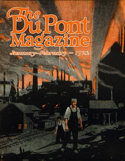 Raising a Railroad Bridge with Dynamite, přední obálka časopisu DuPont, leden-únor 1922 od American School
