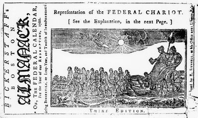 Representation of the Federal Chariot, cover ilustrace z Bickerstaffs Boston Almanack, vydáno 1788 od American School