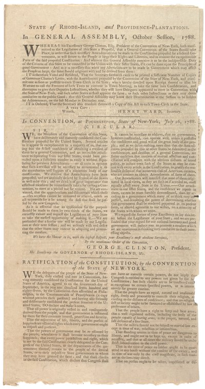 Usnesení tisknoucí návrh NYS na změny ústavy, říjen 1788 od American School