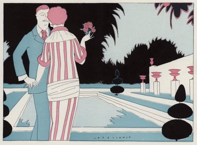 Romantický pár držící se za ruce u bazénu, scéna z povídky J. A. Waldrona Prospective Honeymooners (barevná litografie) od American School