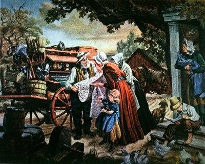 Venkovská Amerika v 19. století: cestující prodavač domácích potřeb (barva lito) od American School
