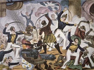 Námořníci Královského námořnictva nastupují na alžírské pirátské plavidlo, kolem 1820 (barva litho) od American School