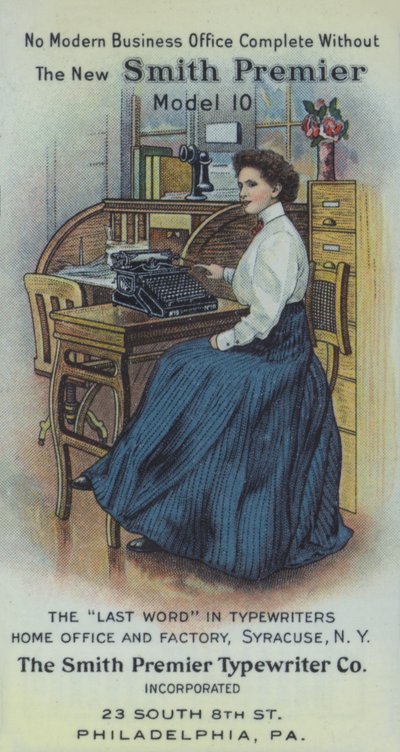 Sekretářka v kanceláři s novým psacím strojem Smith Premier (barevná litografie) od American School