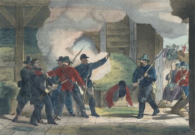 Zabavení a smrt vraha Wilkieho Bootha, kolem roku 1865 (barevný tisk) od American School