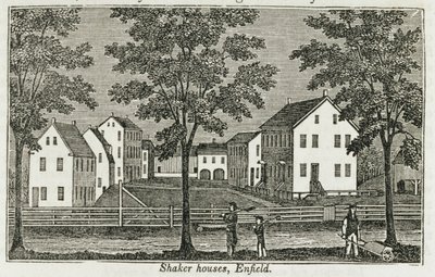 Shakerské domy v Enfieldu, z knihy "Connecticut Historical Collections", autor John Warner Barber, 1856. od American School