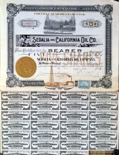 Podílový certifikát pro Sedalia and Californian Oil Company, USA, 1901 od American School
