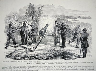 „Ostřelování konfederační kavalérie přes řeku Potomac z výšin Great Falls...“, 4. října 1861 (litho) od American School