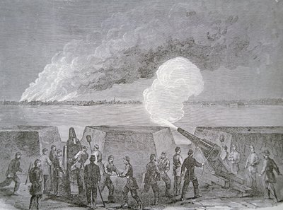 Obléhání Charlestonu, město hořící pod bombardováním, 3. ledna 1864, z Harper