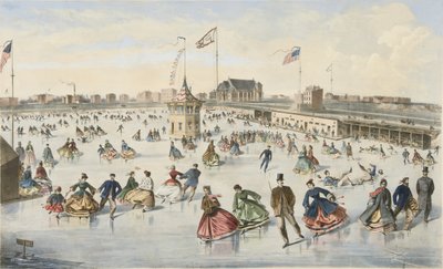 Bruslení na Union Pond, hospoda. 1863 (barevné lito) od American School