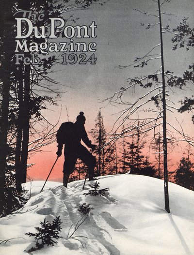 Lyžování, přední strana časopisu DuPont Magazine, únor 1924 od American School