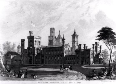 Smithsonian Institution z jihozápadu, z „Hints on Public Architecture“ od Roberta D. Owena, vyryl Sarony und Major, 1849 od American School