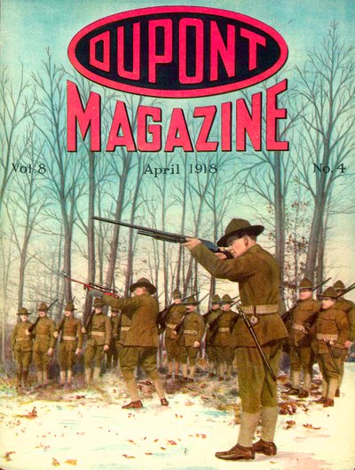 Vojáci, přední strana časopisu DuPont Magazine, duben 1918 od American School