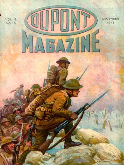 Vojáci v zákopech, přední strana časopisu DuPont Magazine, prosinec 1918 od American School
