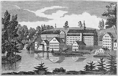 Jihovýchodní pohled na továrny v Yantic Falls, Norwich, z „Connecticut Historical Collections“, John Warner Barber, 1856 od American School