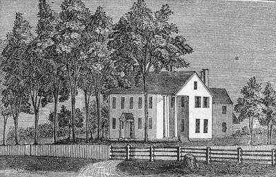 Jihozápadní pohled na dům soudce Ellswortha, z „Connecticut Historical Collections“, John Warner Barber, 1856 (rytina) od American School