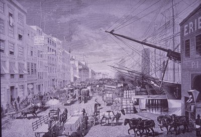 South Street Seaport v 70. letech 19. století, New York City (rytina) od American School
