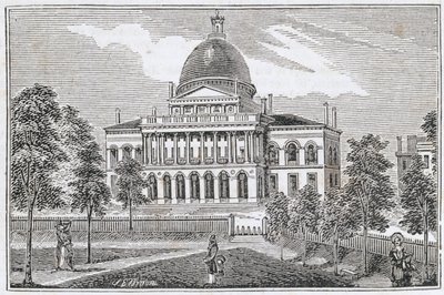 Jižní pohled na State House v Bostonu na Beacon Street, z „Historických sbírek Massachusetts“, John Warner Barber, rytý S. E. Brown, 1839 od American School