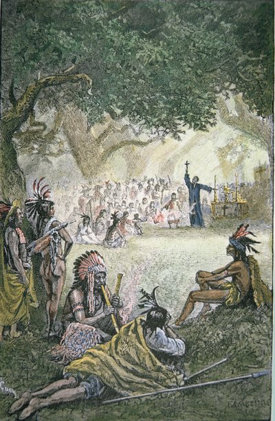 Španělští jezuitští misionáři konvertující domorodé Američany v Kalifornii v 17. století (barevné lito) od American School
