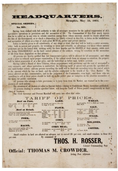 Zvláštní objednávka č. 357 zveřejňování cen potravin, aby se zabránilo spekulacím, 23. května 1862 od American School