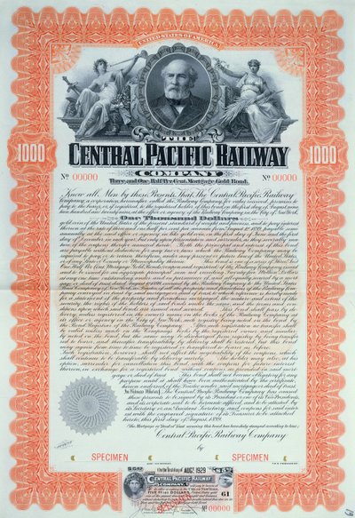 Vzorový dluhopisový certifikát na 1000 dolarů pro Central Pacific Railway Company Company, 1899 od American School