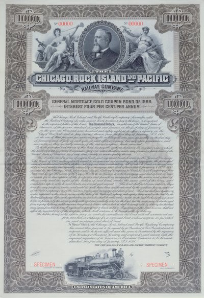 Vzorový dluhopisový certifikát na 1000 dolarů pro Chicago, Rock Island a Pacific Railway Company, 1898 od American School
