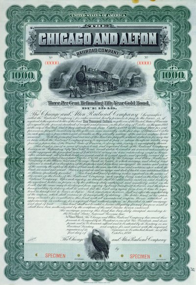 Vzorový dluhopisový certifikát na 1000 dolarů pro Chicago and Alton Railroad Company, 1899 od American School