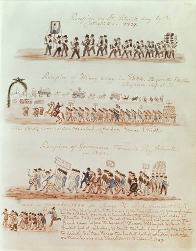 Průvod na Den svatého Patrika v roce 1837 a průvody Henryho Claye, guvernéra Francise Schunka a Jamese Polka v roce 1844 (tuš a čb na papíře) od American School
