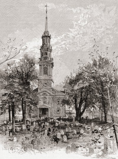 Kostel svatého Pavla v New Yorku v 19. století, z časopisu "The Century Illustrated Monthly Magazine", vydaného v roce 1884 (rytina) od American School