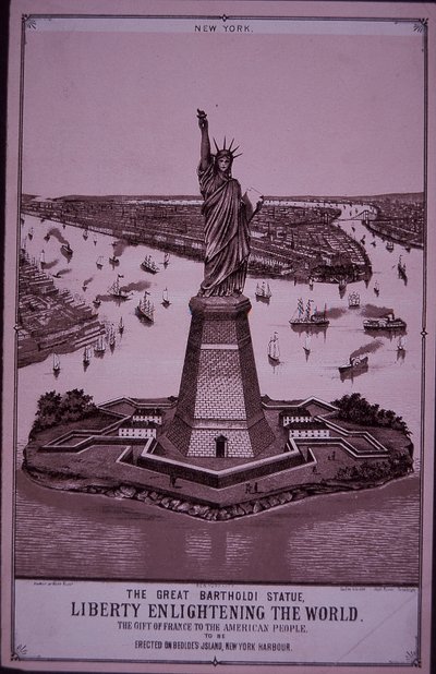 Socha svobody „bude vztyčena na Bedloeově ostrově“, tisk z roku 1885 (rytina) od American School