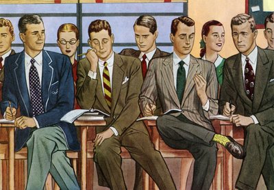 Studenti sedící v lavicích ve vysokoškolské učebně ve 40. letech 20. století od American School