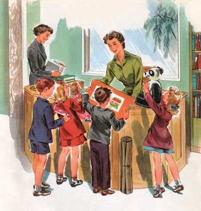 Studenti ve školní knihovně, cca 1950 (sítotisk) od American School