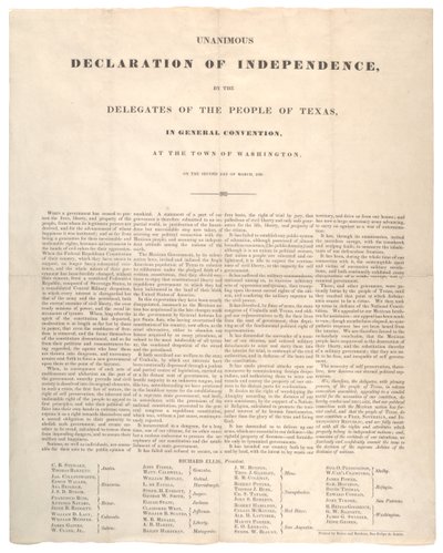Texaská deklarace nezávislosti: Jednomyslné vyhlášení nezávislosti, vytištěno Bakerem a Bordensem, 2. března 1836 od American School
