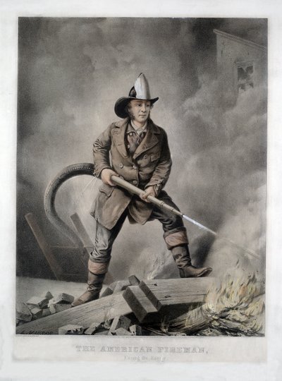 The American Fireman, Facing the Enemy, hospoda. 1858 (ručně kolorované lito) od American School