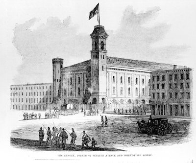 Zbrojnice, roh Sedmé avenue a Třicátá pátá ulice, scéna z Draft Riots v New Yorku, 1863 od American School