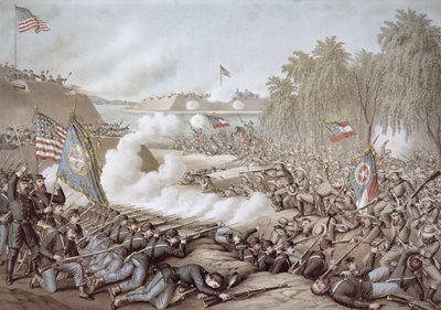 Bitva o Korint, 3.-4. října 1862, ukazující vlajky severu a jihu, od Kurz & Allison (barevné lito) od American School