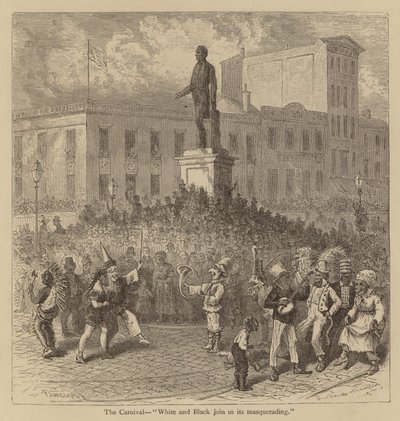 Karneval, "Bílí a Černí se připojují k jeho maškarádě" (rytina) od American School