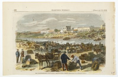 Konfederace evakuují Brownsville, Texas, c. 1864 (ručně kolorovaná litografie na tkaném celulózovém papíru) od American School
