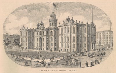 The Court-House before the Fire, tisk Moss Engraving Co., New York, ilustrace z History of Chicago sv. 2 od Alfreda Theodora Andrease, publikoval 1885 od American School