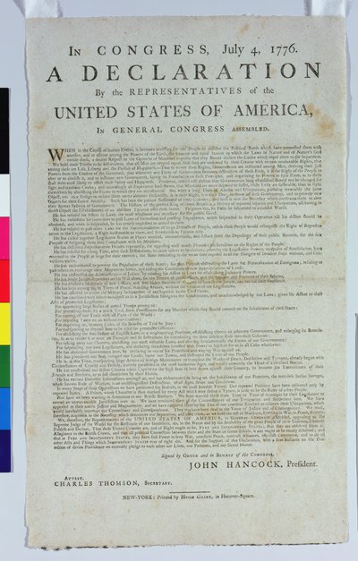 Deklarace nezávislosti, tisk Hugh Gaine, 1776 (tištěné inkoustem na papíře) od American School